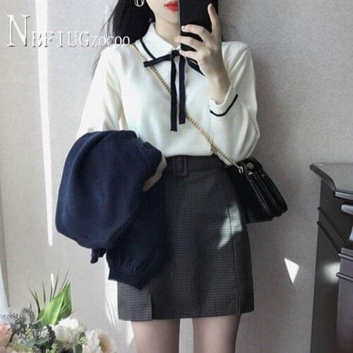 White And Navy Blue Color Bowknot Women Sweater Students Female Sweaters
