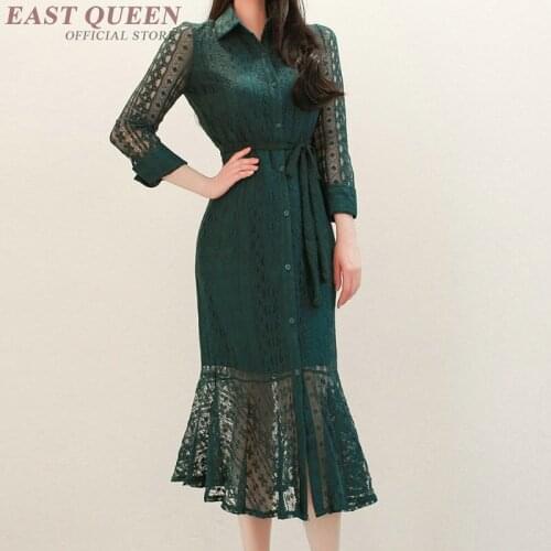Women Dress Autumn 2019 White Female Shirt Dress Midi Long Sleeve Hollow Lace Up Buttons Mermaid Dresses For Women DD2258