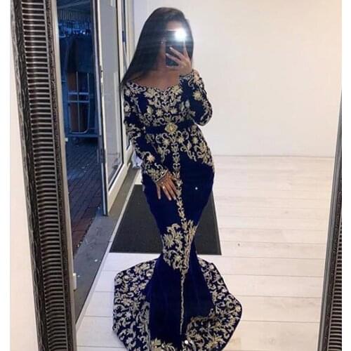 Mermaid Caftan Evening Dresses Long 2021 Arabic Long Sleeve Velvet Lace Prom Applique Bridle Gowns Karakou Formal Party Dress