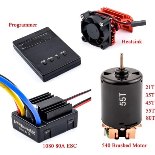 1080 80A Brush Brushed ESC Speed Controller Waterproof ESC + 540 Brushed Motor + 540 Cooling Fan + Programmer for 1/10 RC Car