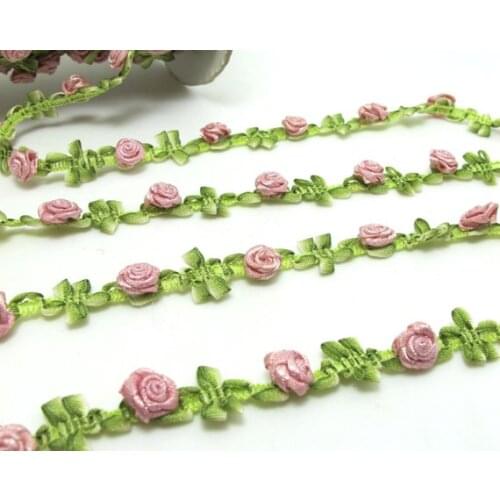2 Yards Woven Rococo Ribbon Trim with Pink Rose Flower Buds|Decorative Floral Ribbon|Scrapbook Materials|Clothing|Decor
