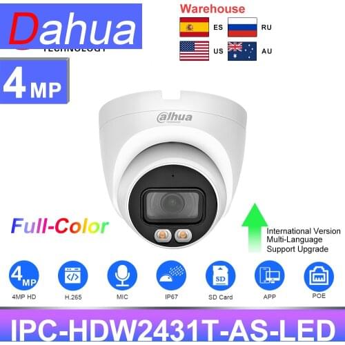 Dahua Original IP camera 4MP Ful-Color IPC-HDW2439T-AS-LED-S2 POE Built-in Mic SD card IP67 IVS IPC H.265 ColorVu Night Vision