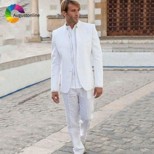 Classic White Men Suits for Wedding Custom Made Groom Tuxedo Vintage Stand Collor Men Blazers 2Piece Jacket Men Suits with Pants