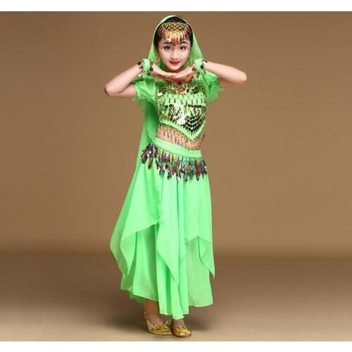 Belly Dance Costume Kids Sets 7pcs (Top Belt Skirt Veils 3accessories) Sari Dancewear Indian Outfits Bollywood Clothing Children