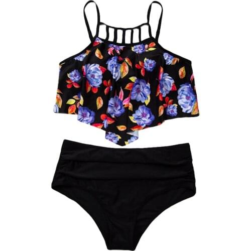Meihuida Women Fashion 2-piece Swimming Suit Sleeveless Floral Tops+Bottoms Set Stylish Bathing Suit