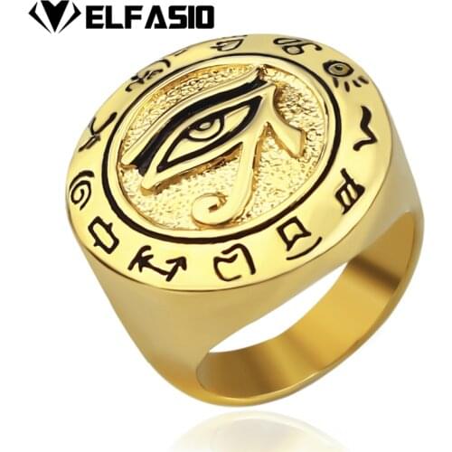 Mens Egyptian Eye of Horus Ra Udjat Talisman Gold Silver Stainless Steel Stainless Steel Biker Ring Jewelry Size 7-15