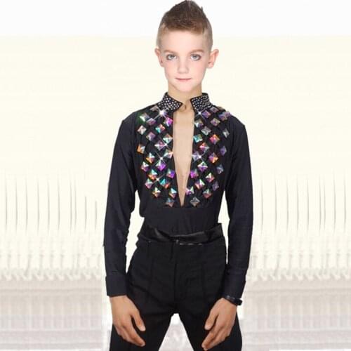 New 2019 Latin Dance Shirt Boys Costume Black Dance Tops Tango/Cha Cha/Ballroom Competition Dance Shirt Boys Latin Wear VDB718