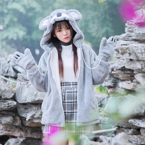 2020 New Super Cute Women Koala Bear Winter Warm Thick Faux Fur Coat + White Long Sleeve Sweater + A-line Mini Skirt + Gloves
