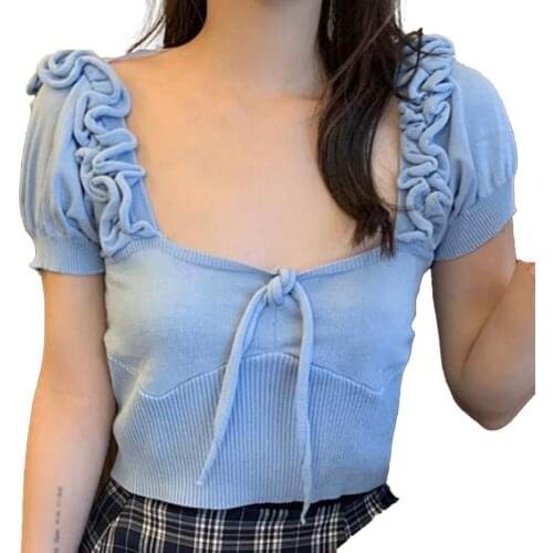 New Arrival Bow Tie Puff Sleeve Matching Knitted T-shirt Square Neck Women Tops Streetwear Short Sleeve High Quality 2021