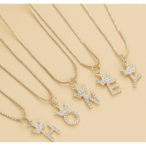 Gold Chain Initials small Crown letter Necklace Pendants Jewelry Cubic Zirconia 26 Alphabet Necklace For Women Couple Gift