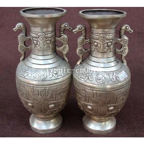 Pair 9'' bronze copper silver plating carvings ancient China dragon design vase