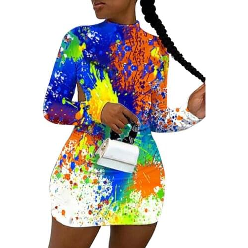 Sexy Women Backless Tie Dye Print Sheath Mini Dress Female Fashion Long Sleeve Bodycon Autumn Spring Short Dresses 2020 New