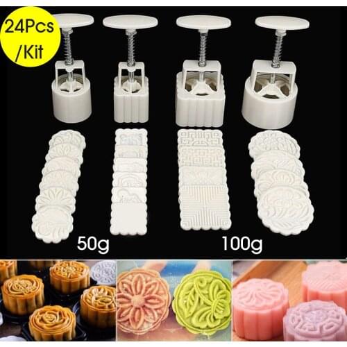 24pcs Square/Round Mooncake Mold Hand Pressure Maker Mould with Flower Stamps Plastic Cookies Cutter MYDING