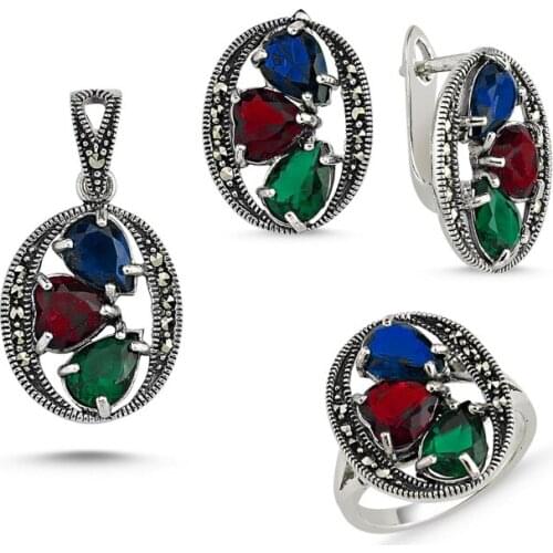 Silver 925 Sterling Marcasite Pendant Earring & Ring Set
