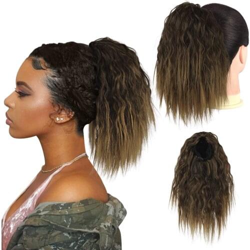 Hairpiece Ponytail Hair Extension Afro Synthetic Wavy Fake Drawstring Pony Tail with Clips in Natural Black