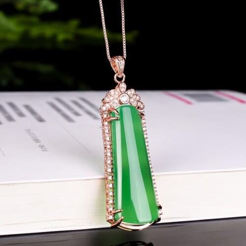 Fine jewelry 925 silver New Chalcedony Ice Green Water Drops Hundred-and-Hundred Temperament Long-Strip Pendant