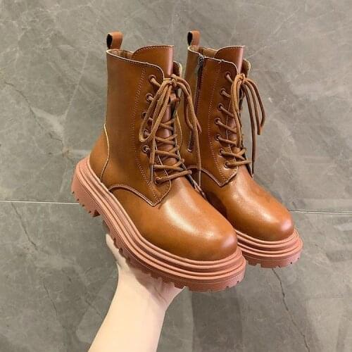 2020 Winter Woman Ankle Boots Fashion Platform Boots Brand Designers Thick Sole Leather Ladies Shoes Gladiator Boots Women Brown