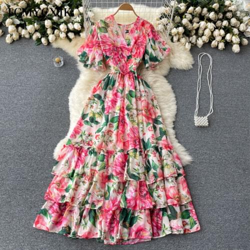 Womens Summer Sundresses 2021 Printed Holiday Chiffon Dress Layered Ruffled Bohemia Dress Sexy V-neck Elastic Waist Dress Woman