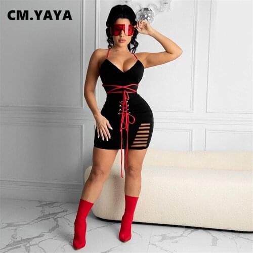 CM.YAYA Women Cut Out Lace Up Bodycon Midi Mini Dress Halter V-neck Croset Bandage Sexy Night Party Dresses