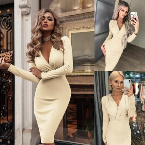 Fashion Women Summer Long Sleeve Bandage Stretch Bodycon Plain Deep V Evening Party Short Dress Beige Black Green Red