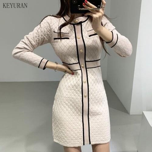 Spring Autumn Winter Women Knitted Dress 2021 New Korean Long Sleeve O-Neck Bandage Sweater Clothing Elegant Ladies Dresses