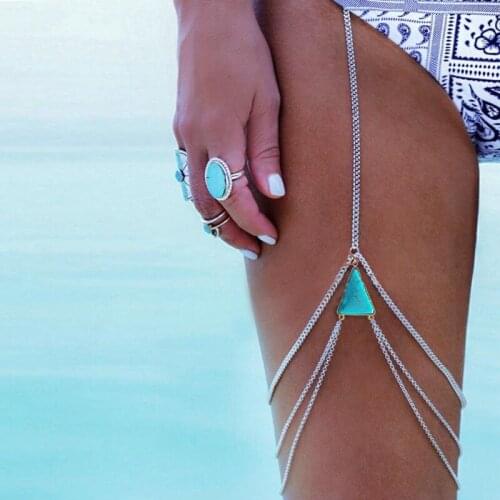 2020 Summer Bohemian Blue Faux Marble Stone Geometric Triangle Leg Chain Beach Sexy Women Sandals Body Chain Leg Bracelet