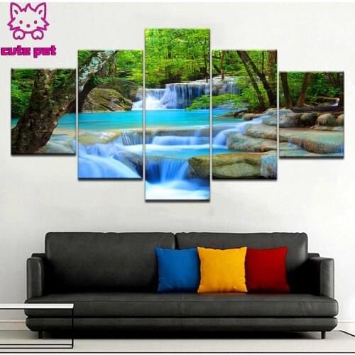 5 Pieces Natural Waterfall Full Square round Diamond embroidery Art Scenery Diamond mosaic Diamond painting Cross stitch Decor