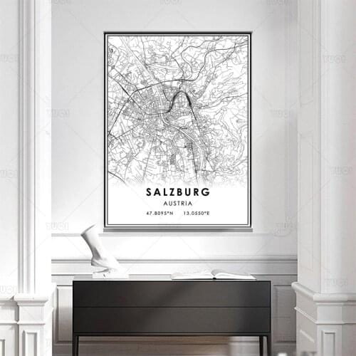 Black and White World City Map SALZBURG Wall Art Canvas Poster Prints Nordic Style Paintings Picture for Living Room