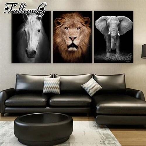 FULLCANG 5d diy diamond embroidery horse lion elephant animal painting triptych full square round drill wall decoration FC3609