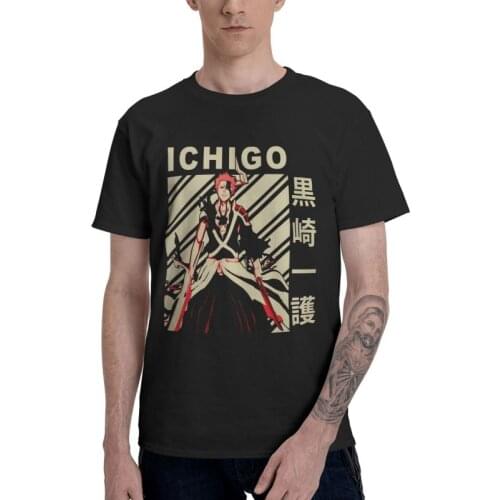 Ichigo Kurosaki T Shirt Mens Cotton Print T-shirt Fashion Tshirt Short Sleeve Japanese Anime Manga Bleach Tees Tops