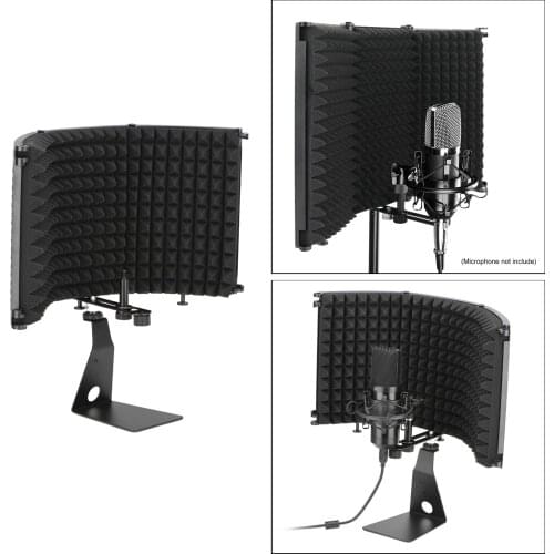 Adjustable 3 Panel Studio Recording Isolation Shield Mic Vocal Shield Sound Absorbing Foam w/ Mic Stand for Sound Broadcast