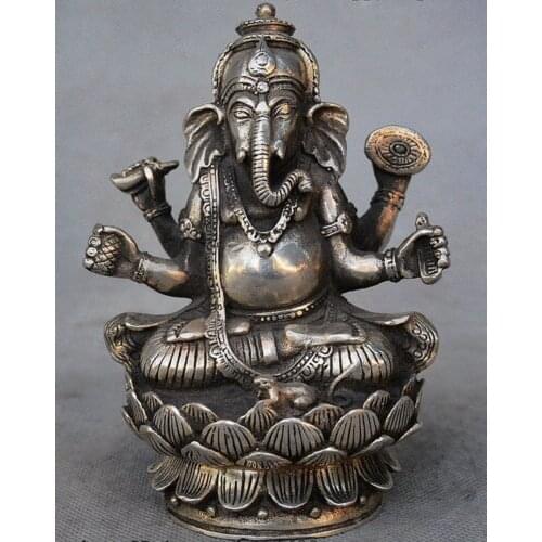China Tibet Buddhism Silver Ganapati Ganesh Lord Ganesha Elephant Buddha Statue
