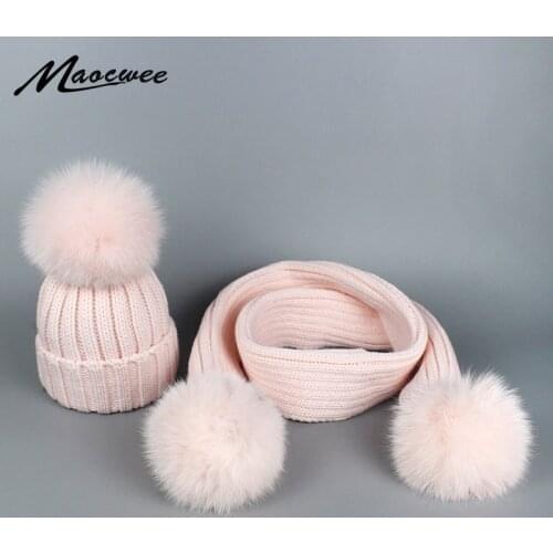 Winter Hat Scarf Set for Women Girls Warm Beanies Skullies Scarf Fox Pompoms Winter Hats Knitted Caps and Scarf 2 Pieces Set