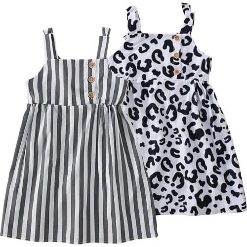 Summer Children Kids Girls Dress Sundress Leopard Print Vertical Stripes Kids Clothes