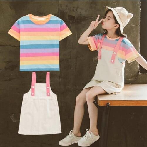 Summer Children Clothing Sets Age for 4 6 8 9 10 12 Years Girls T-shirt + Suspender Dress Suit Striped Kids Clothes Tracksuit