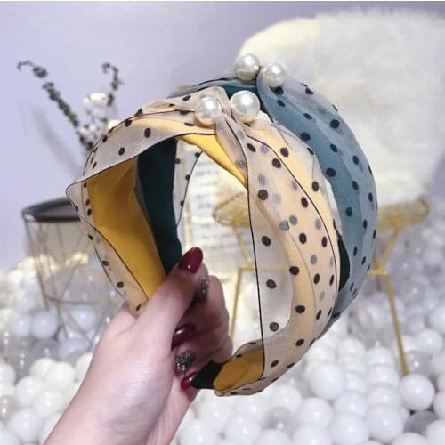 Fashion Women Hairband Dot Lace Cloth Headband Adult Big Pearls Middle Decoration Headdress Turban Hair Accessories