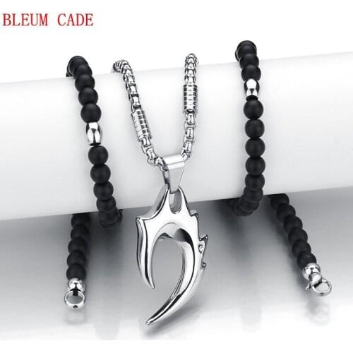 Wolfs Fang Flame Pendant Necklaces Stainless Steel Chain Black Stone Strand Beads Necklaces Ethnic Jewelry Men