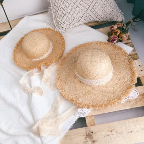 Parent-Child Travel Sunscreen Sunhat Lace Bow Streamer Raffia Big Eaves For Men Women Kids Beach Cap Girl Boy Vacation Straw Hat