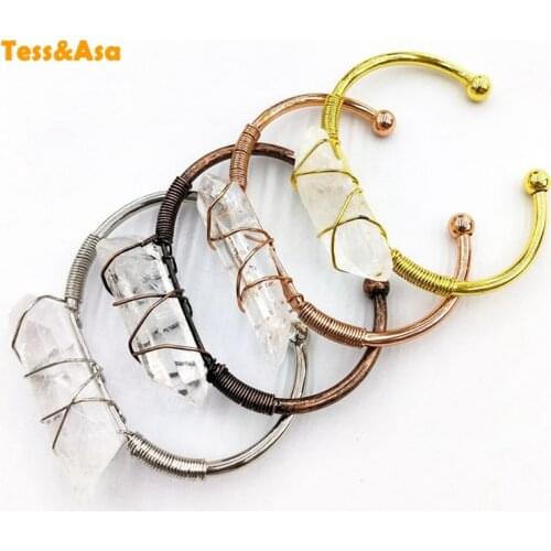 Natural Quartz Brass Bracelet Quartz Bangle Crystal Jewelry Healing Energy Bar Rigid Bracelet Wire Wrap Boho Crystal Bracelet