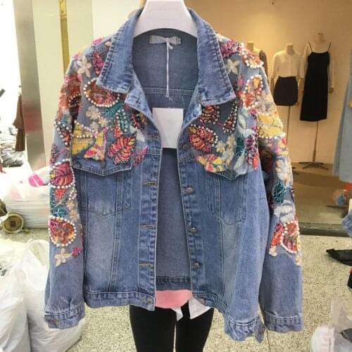 New Spring Autumn Womens Shoulder Bead Sequins Denim Jacket Loose Embroidered Jeans Coat Jacket Female Denim coat Tops Y638