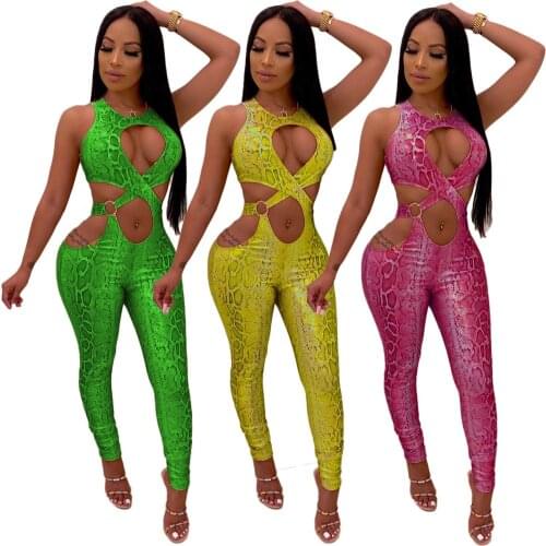 New Serpentine Printing Sexy Women Jumpsuits For Nightclub Party Hollow Out Criss-crossed Skinny Snakeskin Jumpsuits Rompers