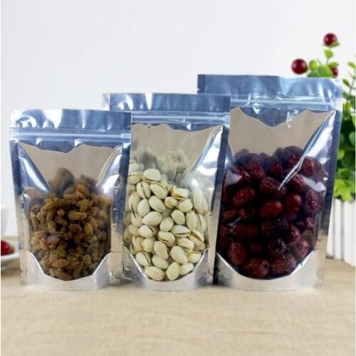 Stand up Clear Aluminum Foil Zip Lock Bag, Silvery Metallic Plastic Packaging Pouch for Food Tea Candy Cookie Baking 100Pcs