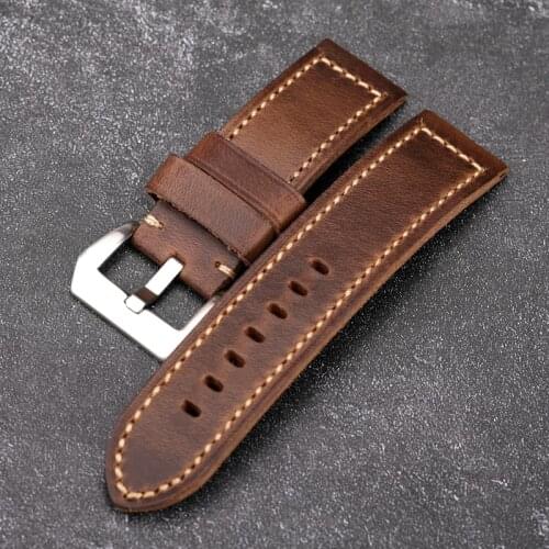 Handmade Italian Leather Strap 20 22 24MM Brown Folded Retro Style In Half, Suitable For military Watch Bronze Watch Bracelet