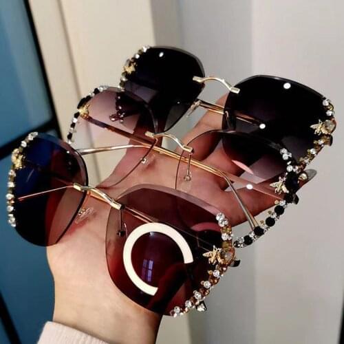 High Quality Luxury Vintage Bee Sunglasses Women Rhinestone Gradient Sun Glasses Rimless Retro Eyeglasses Gafas De Sol Mujer