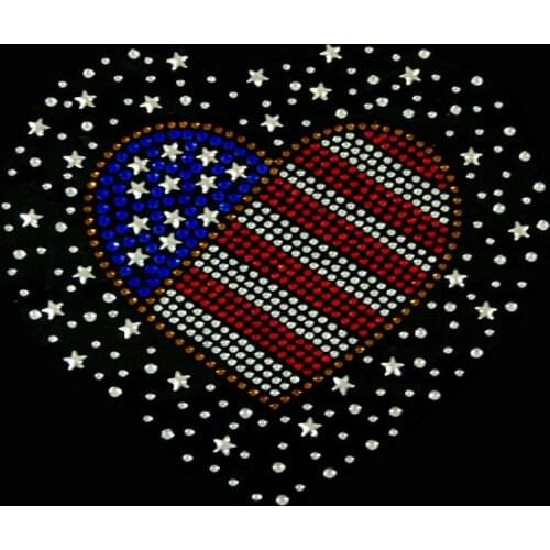 2pc/lot American Flag Heart star Iron On Hotfix Rhinstone Transfer Applique hot fix rhinestone iron on crystal transfers patches