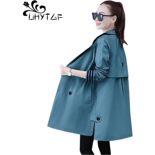 UHYTGF New spring autumn trench coat Double-breasted casual thin tops elegant female plus size windbreaker womens basic coat 426