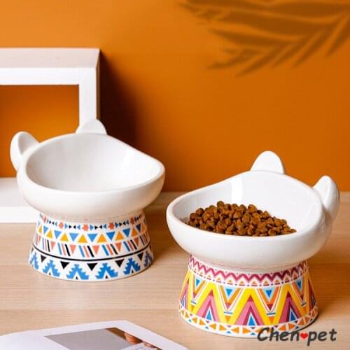 Bohemia Design Pet Bowl Cute Ceramics Cat Food Bowl with Stand Water Food Feeder for Small Dog Cat Supplies