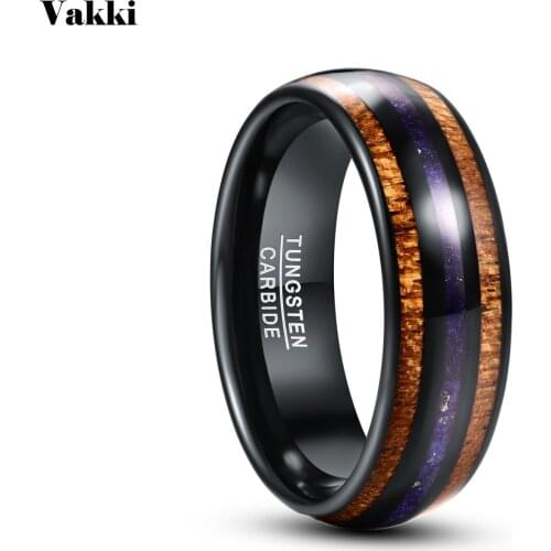 VAKKI 8mm Acacia Wood Lapis Lazuli Electric Black Tungsten Steel Ring Carbide Ring Mens Engagement Jewelry
