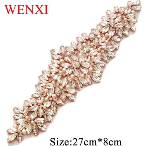 WENXI 5PCS Hand Beaded Bride Gown Sash Crystal Rhinestone Applique Patch Iron On For Dresses Headband DIY WX825