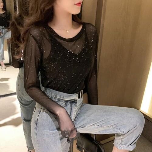 2021 Summer Sexy Perspective Sequins Net Red Women T-shirt Sunscreen Top Backing Long-sleeved New Korean Version Tops y2k